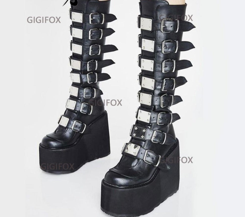 xakxx Christmas Gift Brand Design Big Size 43 Black Gothic Style Cool Punk Motorcycles Boots Female Platform Wedges High Heels Calf Boots Women Shoes