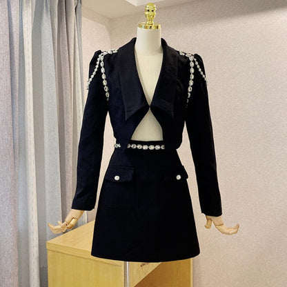 xakxx  Autumn Elegant Ol Women Two-Piece Set Diamond Chain Short Blazer Jacket + A-Line Mini Skirt Suit Fashion Party Office Sets