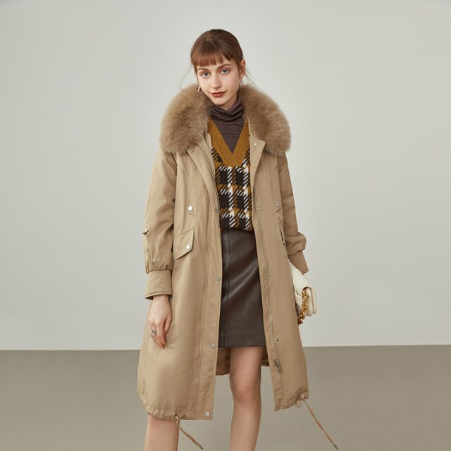 Women Simple Beige Two-wear Tooling Down Jackets Winter Long Fur Collar Loose Coat detachable liner Khaki Down Coats