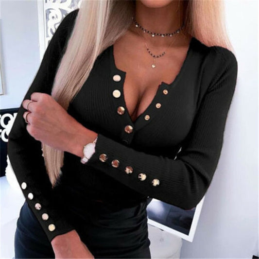 xakxx Elegant Women Autumn Winter Knitted T-Shirts V-Neck Button Decor Long Sleeve Solid Color Office Lady Slim Pullovers Top