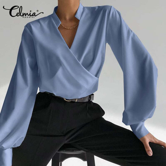 xakxx Elegant Blouse Autumn Women Sexy V Neck Long Lantern Sleeve Shirts Solid Casual Irregular Hem Top Tunic Blusas Femme