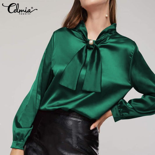 Women Elegant Satin Blouse  Fashion Bow Tie Office Tops Long Sleeve Casual Autumn Slik Shirts Oversized Party Blusas