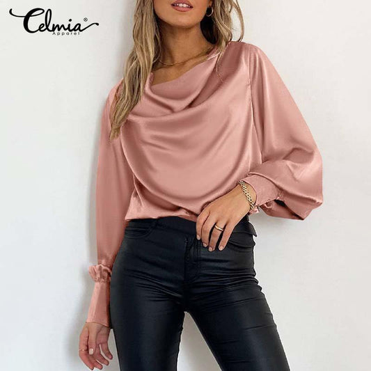 Elegant Satin Blouse  Autumn Women Lantern Sleeve Long Shirts Fashion Cowl Neck Casual Solid Streetwear Tunic Tops