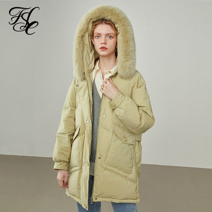 Fox Fur Collar Down Jacket Women's  New Winter Cocoon Jacket Women's Medium Length Woman Jacket  Dropshipping