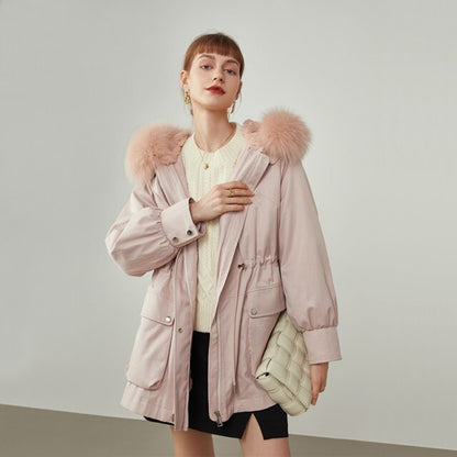 Women Winter Warm Big Pocket Fur Parker Jackets Pink Fur Collar Niche Warm Jacket Removable Inner Liner Winter Coats