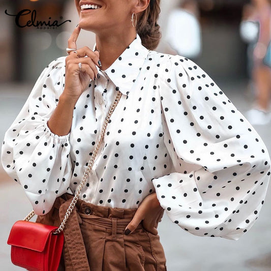 Fashion Women Shirts  Autumn Long Lantern Sleeve Polka Dot Blouse Casual Blusas Elegant Chic Streetwear Tops Tunic