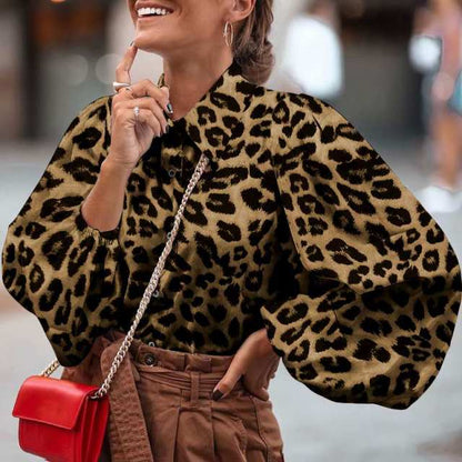 Women Blouses  Fashion Lantern Sleeve Elegant Party Shirts Casual Lapel Loose Leopard Print Tunic Top Blusas Feminina