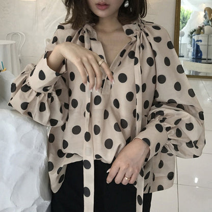 xakxx Fashion Polka Dot Blouses Women Tops Autumn Long Sleeve Elegant Office Bow Tie Shirts Casual Loose Blusas Femininas