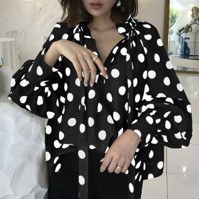 xakxx Fashion Polka Dot Blouses Women Tops Autumn Long Sleeve Elegant Office Bow Tie Shirts Casual Loose Blusas Femininas