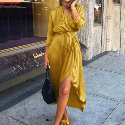 Fashion Women Elegant Party Dress  Celmia Long Sleeve Sexy V-Neck Asymmetrical Maxi Long Sundress Casual Solid Satin Vestido