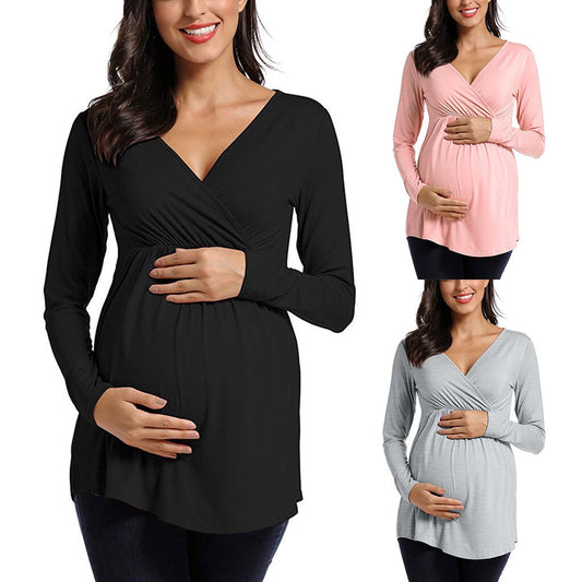 New Maternity Long Sleeve Shirts Maternity Clothes Pregnant Spring Blouse Breastfeeding V -Neck Sexy Tops Pregnancy Breastfeed