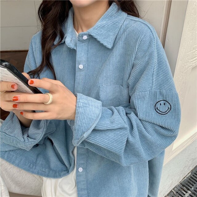 Women Casual Smlie Printed Corduroy Loose Blouse Long Sleeve Turn Down Collar Solid High Street Warm Coat Shirt  Winter Tops