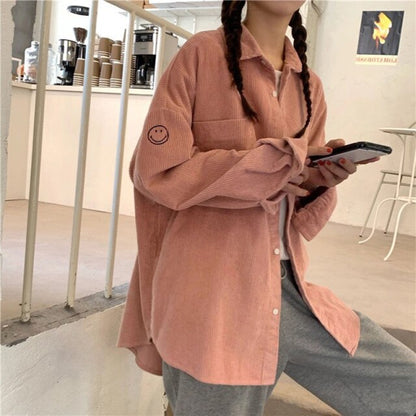 Women Casual Smlie Printed Corduroy Loose Blouse Long Sleeve Turn Down Collar Solid High Street Warm Coat Shirt  Winter Tops