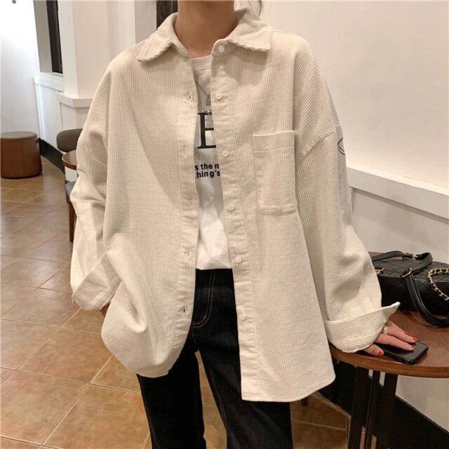 Women Casual Smlie Printed Corduroy Loose Blouse Long Sleeve Turn Down Collar Solid High Street Warm Coat Shirt  Winter Tops