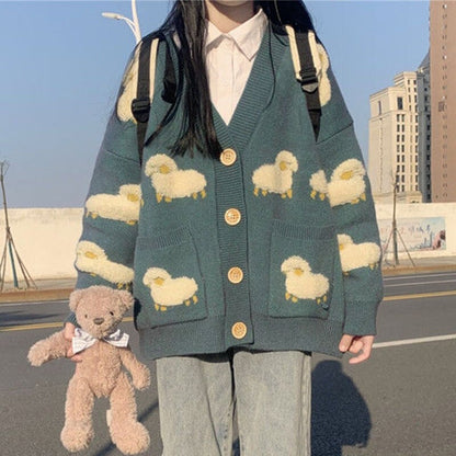 Fuzzy Appliqued Sheep Cardigan Knit Sweater Jacket Coat Oversize Cute Lamb Button Up V-Neck Jacquard Winter Women Y2K Knitwear