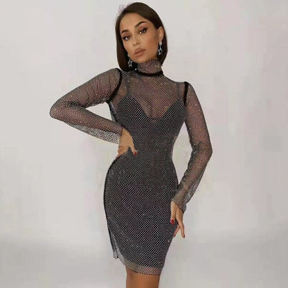 Sexy Black Mesh Diamond 2-piece Bandage Dress Women Fall  New Fashion Party Dress High Neck Long Sleeve Bodycon Mini Vestido